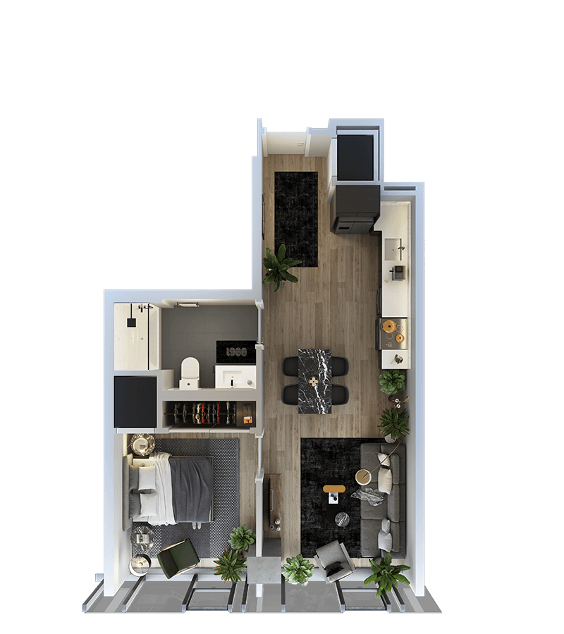 Rendering of the 1 Bed-1 Bath-T-12 Floor Plan